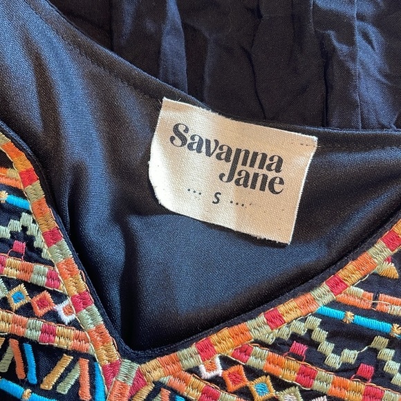 Savannah Jane Embroidered Black Midi Shirt Sleeve Dress Tiered Ruffle Small - Picture 3 of 8